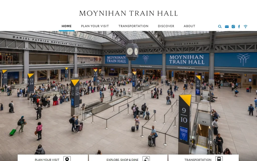 Homepage of the Moynihan Train Hall website showing the station concourse
